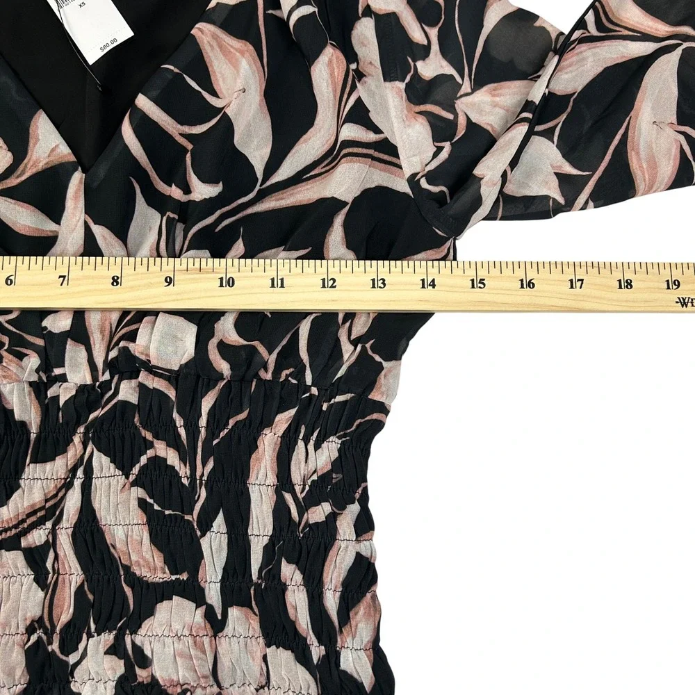 Banana‎ Republic Pink Floral Smocked V-Neck Blouse Black Chiffon XS